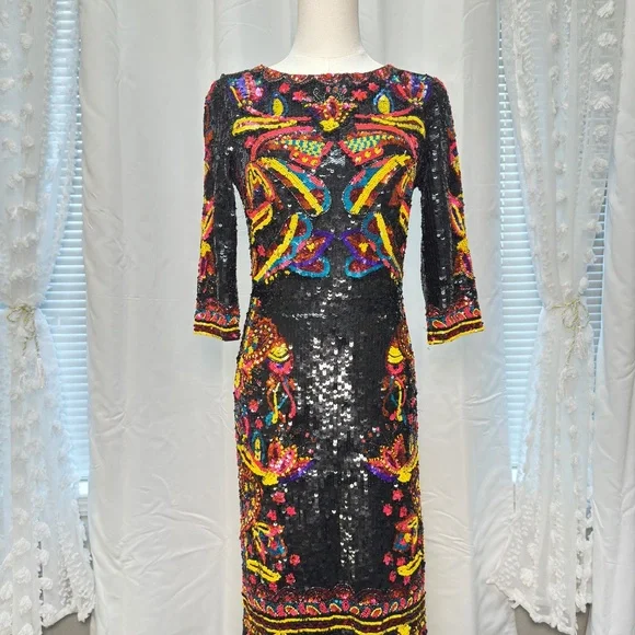 Alice and Olivia Beaded Sequin Embroidered Gown Dress Black Multicolor Size 8